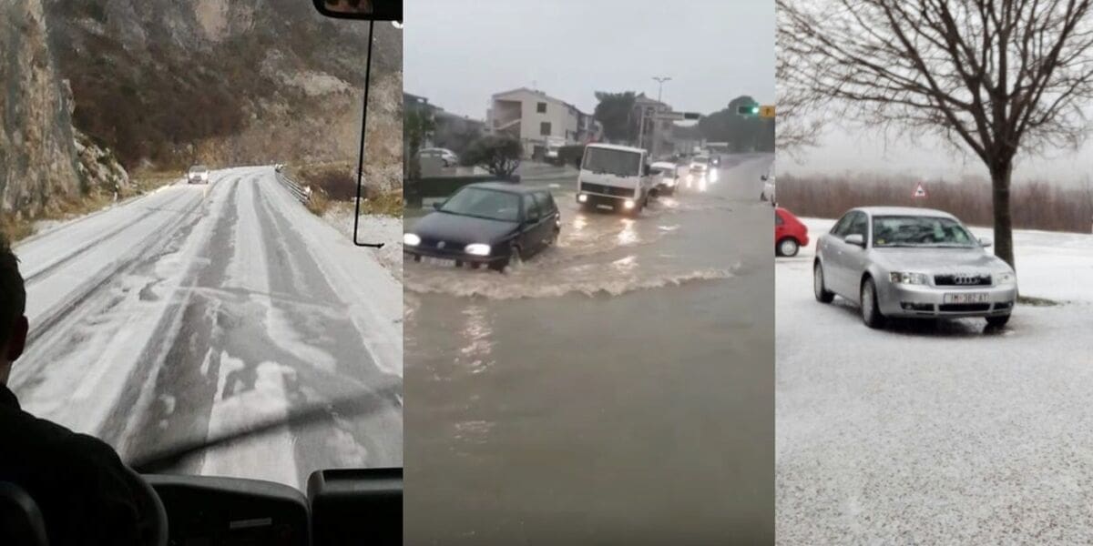 Kiša poplavila ceste u Makarskoj, tuča zabijelila cestu na Dupcima i dijelu Zagore