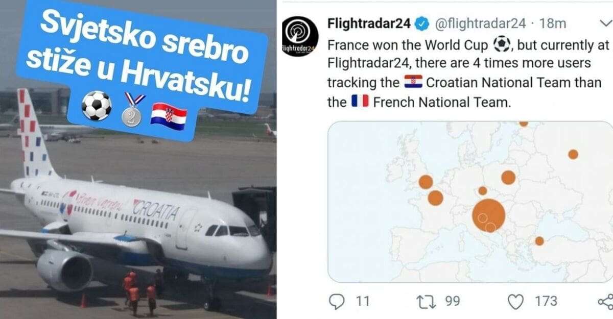 VATRENI U HRVATSKOM NEBU Zrakoplov s hrvatskim nogometašima se službeno prati četiri puta više nego s Francuzima