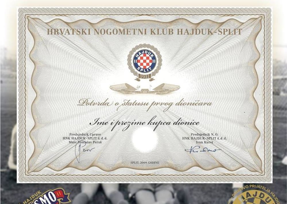 DPH Osijek pokrenuo aukcijsku prodaju dionice Hajduka: Trenutna ponuda 5.050 kuna