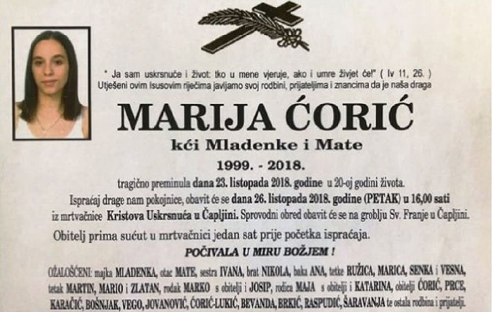 OGROMNA TUGA U ČAPLJINI Na stotine prijatelja se oprostilo od prerano preminule Marije Ćorić