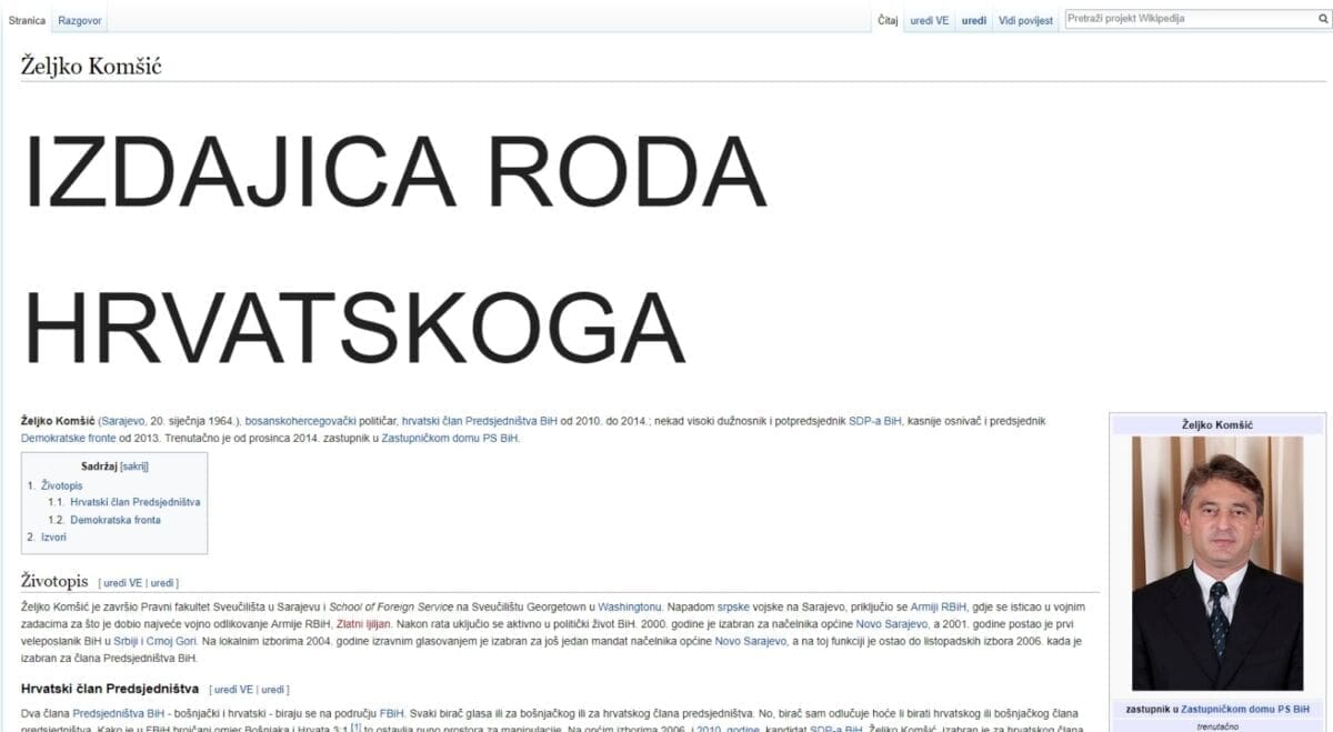 NA HRVATSKOJ WIKIPEDIJI "Željko Komšić izdajica roda hrvatskoga"