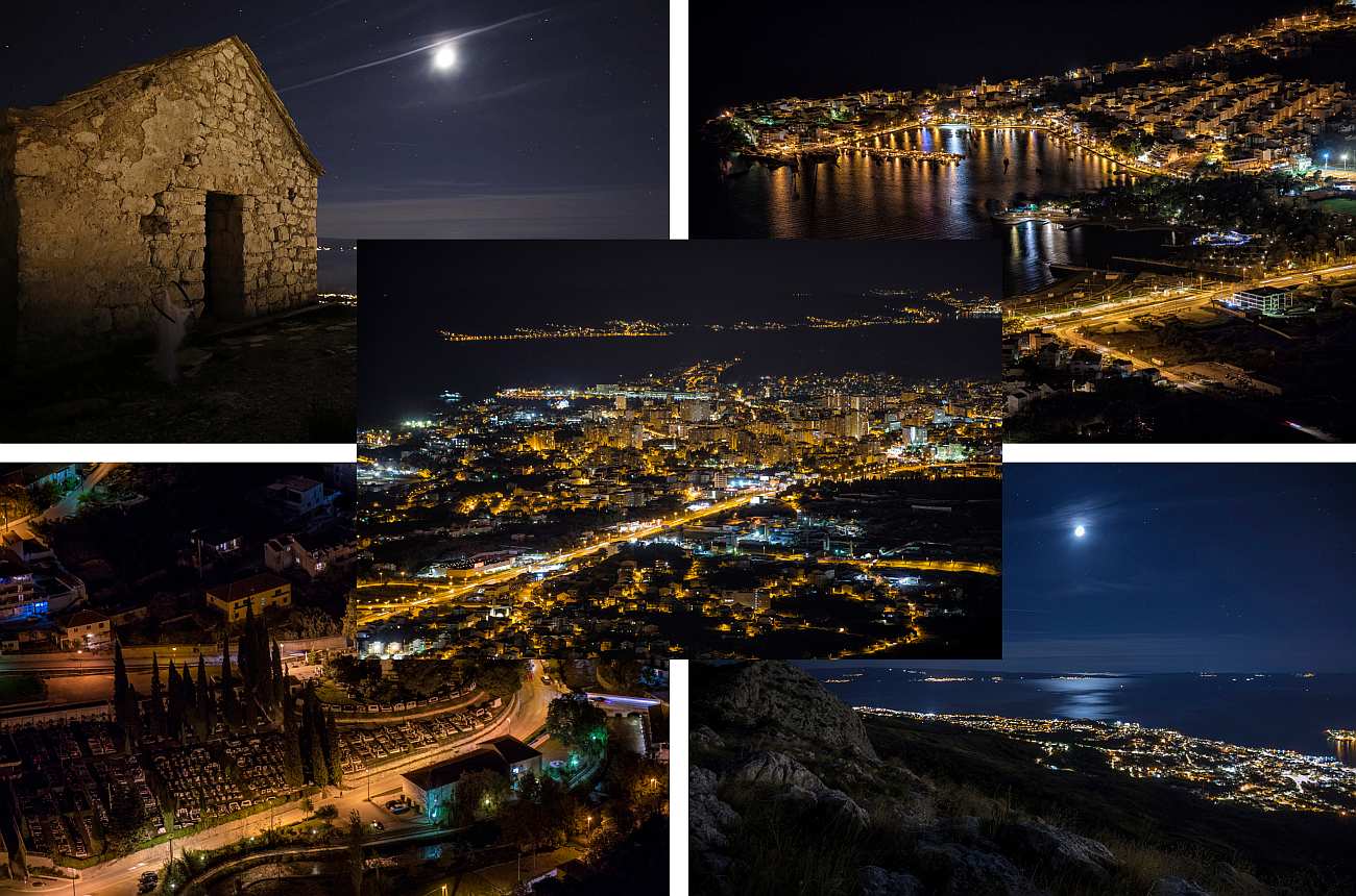 ČAROBNE NOĆNE PANORAME SPLITA I OKOLICE Pogled s Peruna "puca" na Split, Stobreč, Podstranu, Žrnovnicu, Poljica, Brač...
