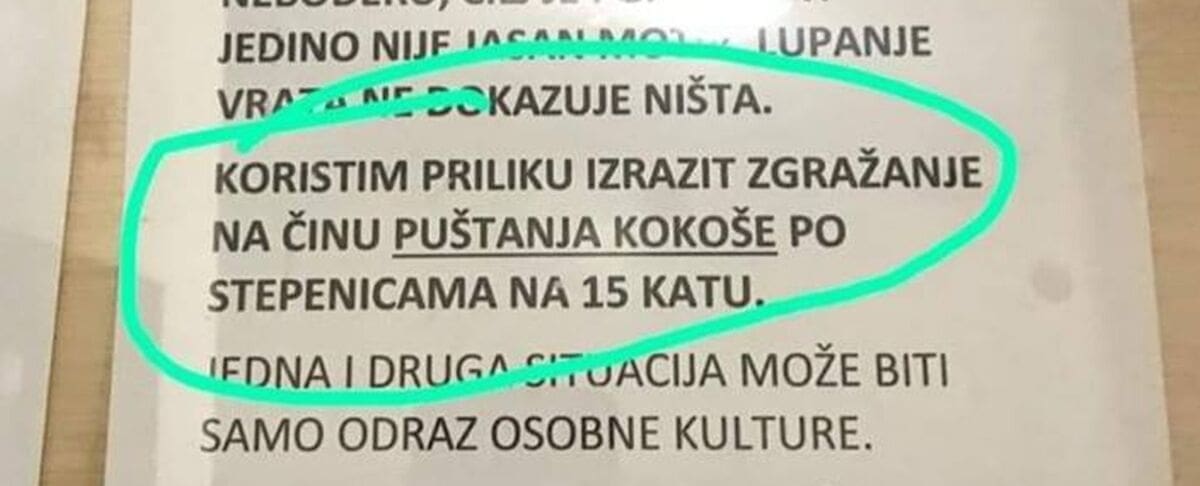 Muka jednog predstavnika stanara u Splitu: "Koristim priliku izrazit zgražanje na činu puštanja kokoše po stepenicama na 15. katu"