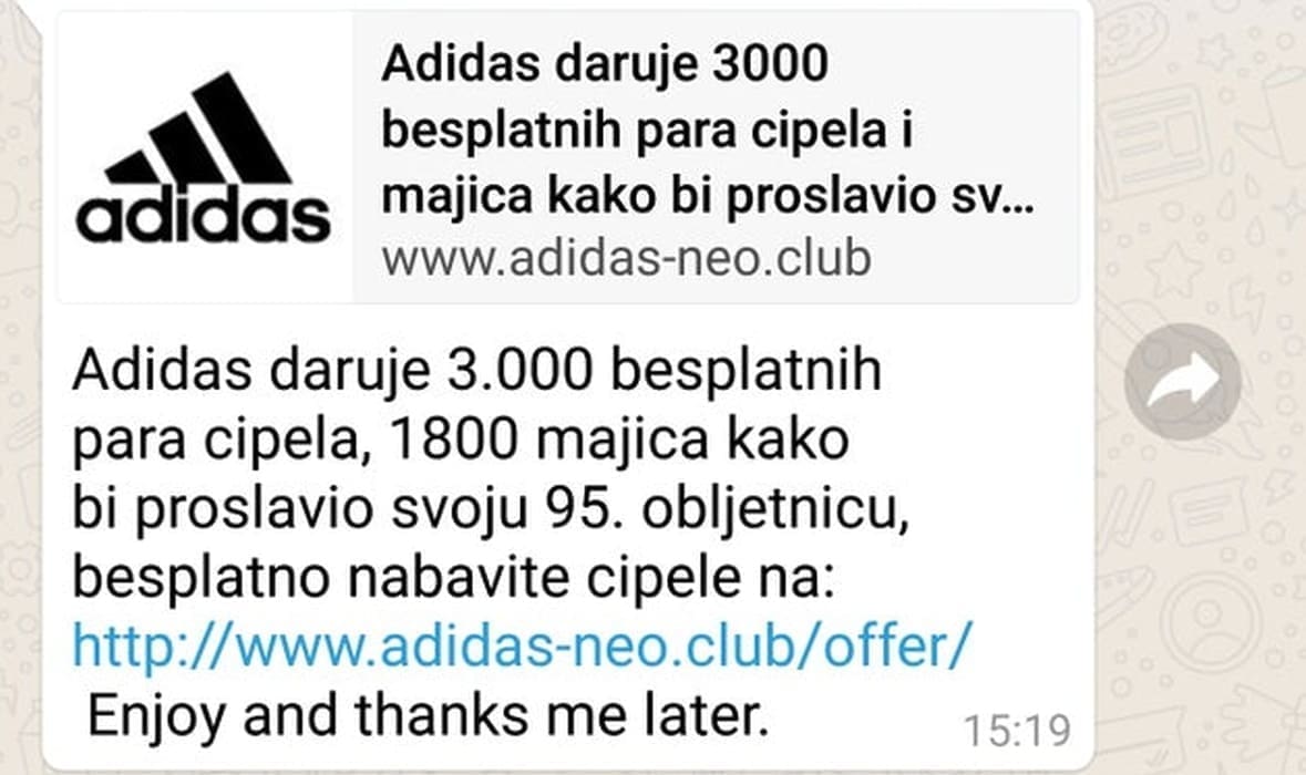 Oprez, kruži nova prijevara! Ako ste dobili poruku od Adidasa na WhatsApp, nemojte je otvarati