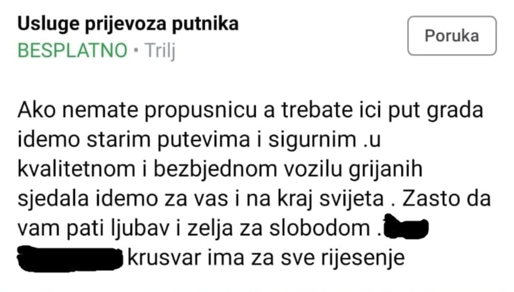 NUDIO ILEGALAN PRIJEVOZ Policija pronašla sporni oglas iz Trilja