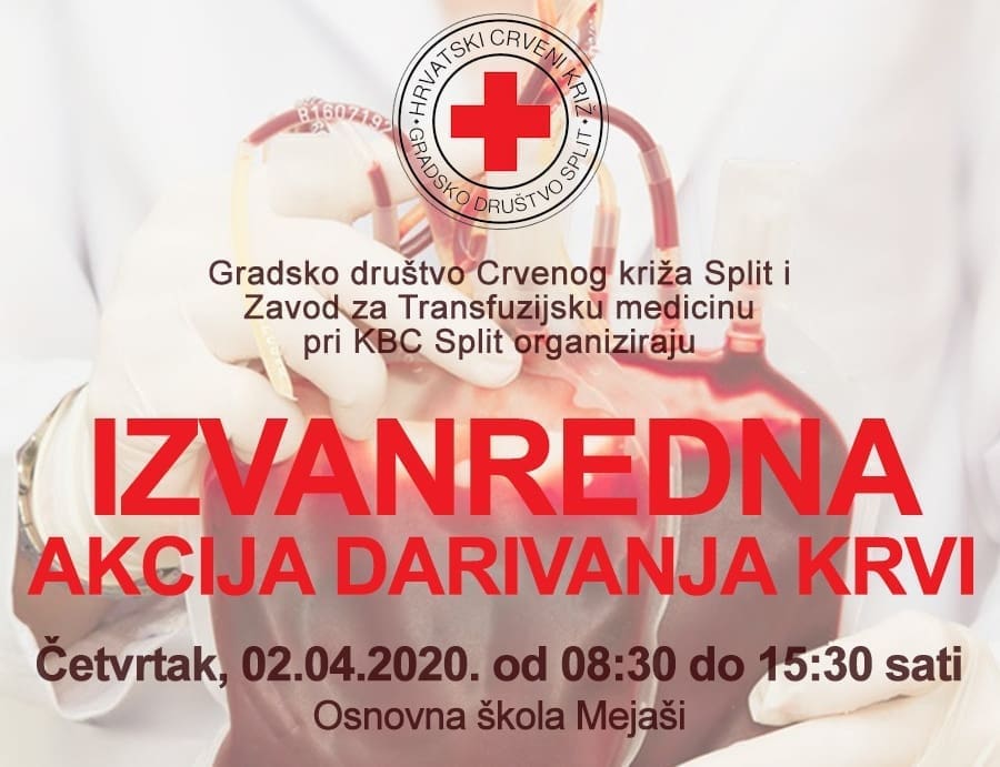 POVEĆANE POTREBE ZA DOZAMA KRVI U SPLITU Ovog četvrtka darujte krv u Osnovnoj školi Mejaši