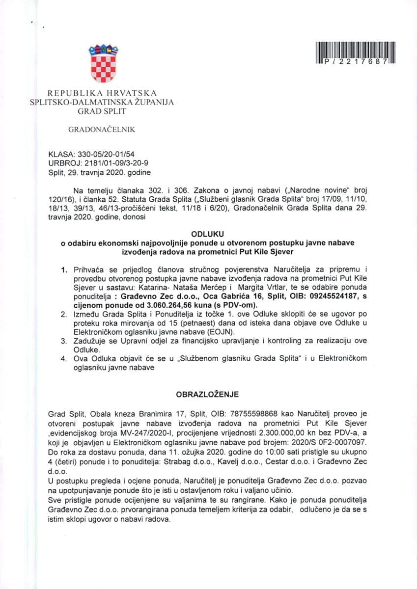 Odluka o odabiru Put Kile Sjever