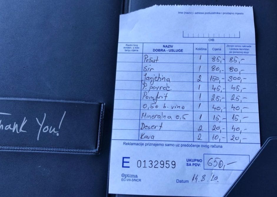 Ovako izgleda račun u jednom hvarskom restoranu