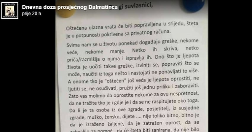 "Ima nade za ovaj svijet": Poruka na vratima zgrade oduševila Dalmatince