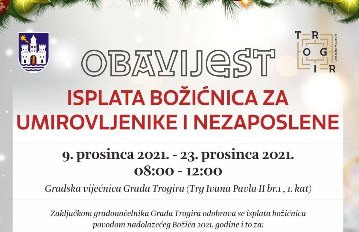 Počinje isplata božićnica za trogirske umirovljenike i nezaposlene