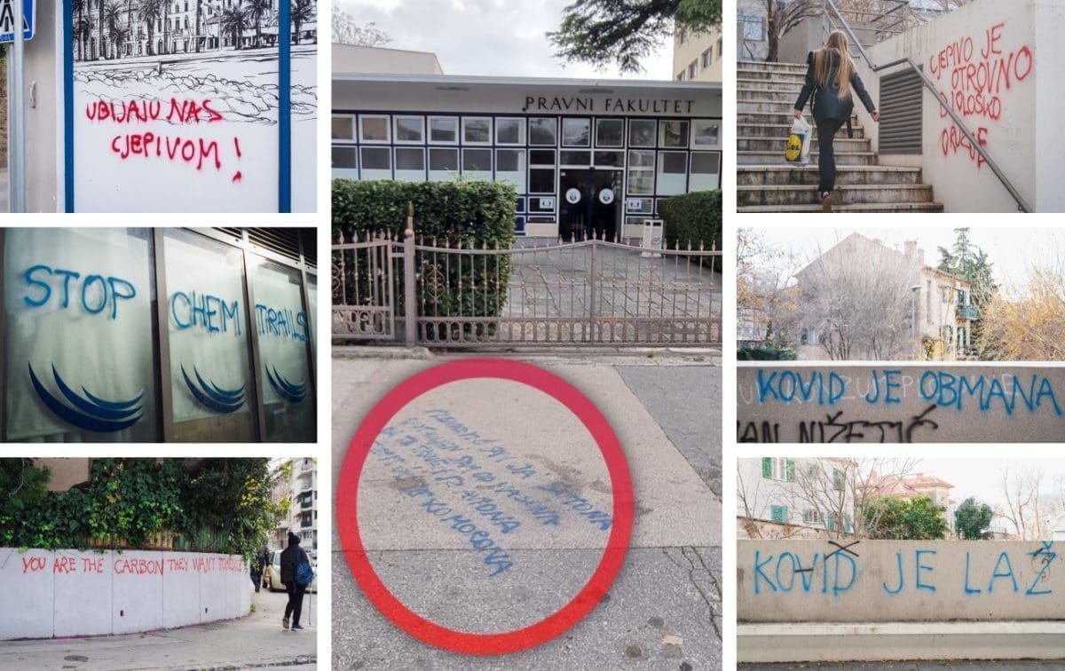 SPLIT JE PUN "ANTIVAX" GRAFITA Pred Pravnim fakultetom osvanula vrlo uvredljiva poruka premijeru, rukopis je vrlo sličan...