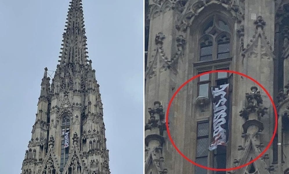 NEVIĐENA NAVIJAČKA EUFORIJA U BEČU Transparent "Posušje" završio na vrhu bečke katedrale, tisuće hrvatskih navijača 'maršira' glavnim gradom Austrije