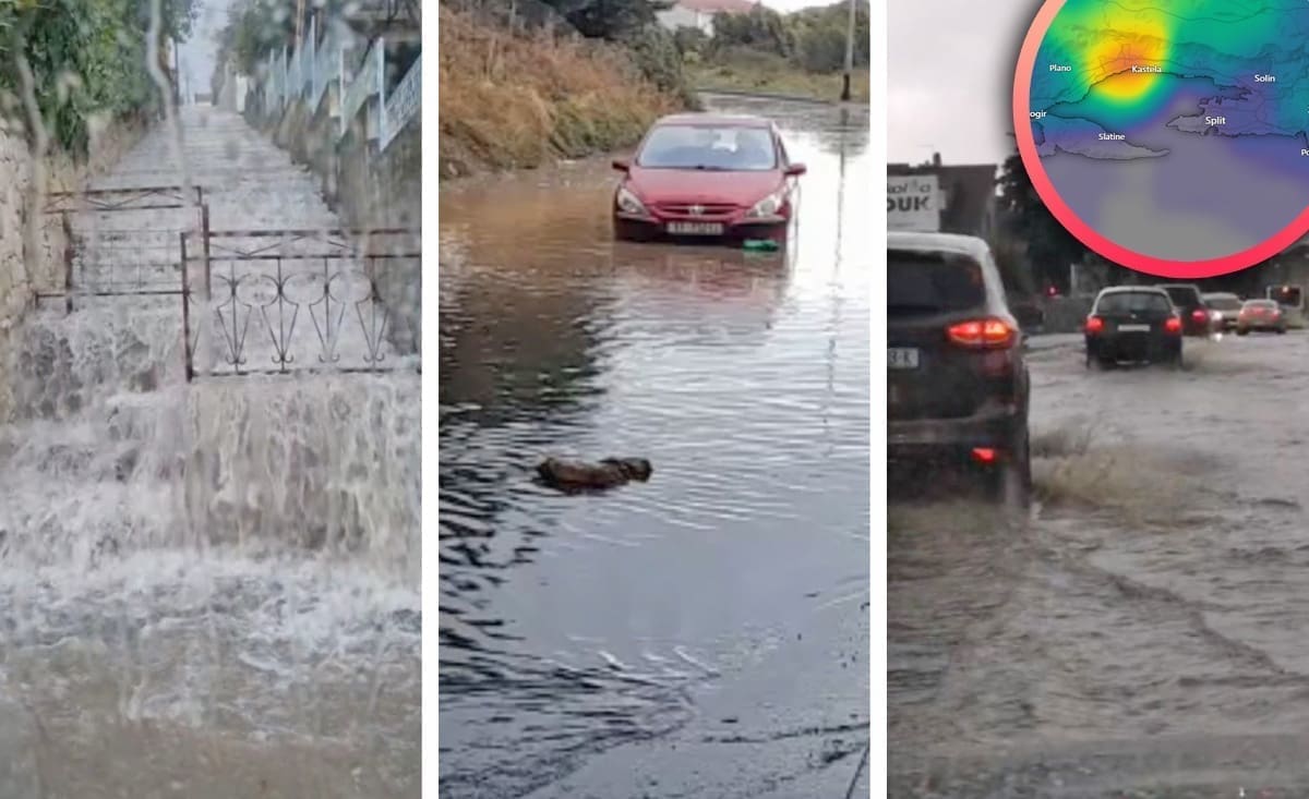 KIŠNO NEVRIJEME U TROGIRU I KAŠTELIMA Automobil zaglavio u bujici, promet se odvija usporeno