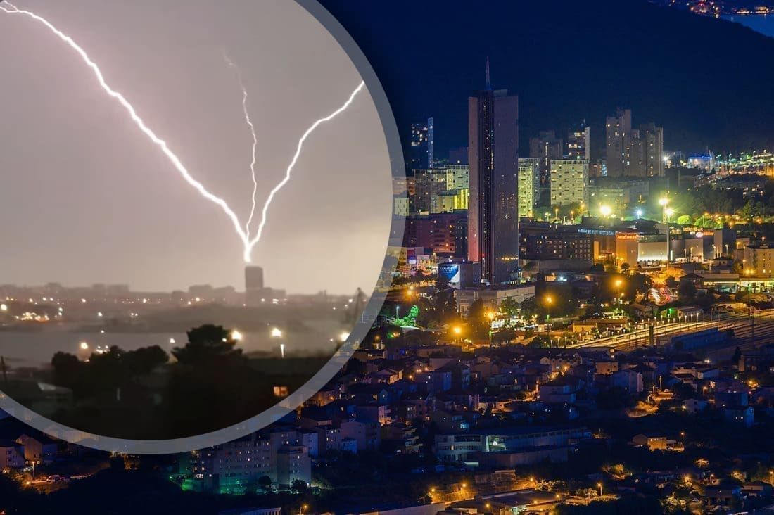 SNIMLJEN NEVJEROJATAN TRENUTAK U SPLITU Ovako izgleda izravan udar munje u najvišu zgradu u Hrvatskoj