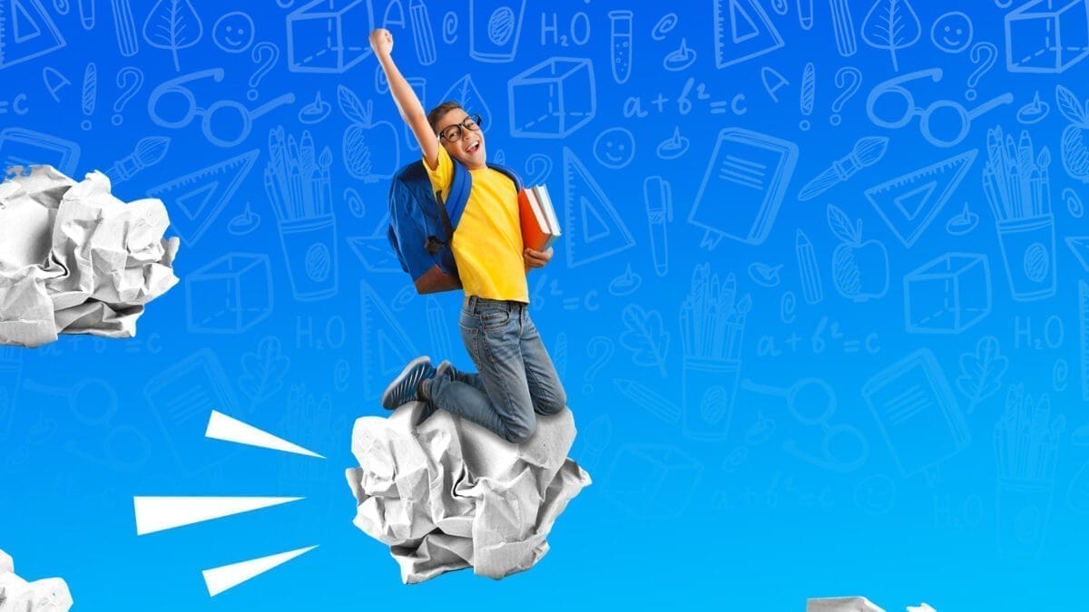 Funny School Child On Crumpled Paper In Blue Sky