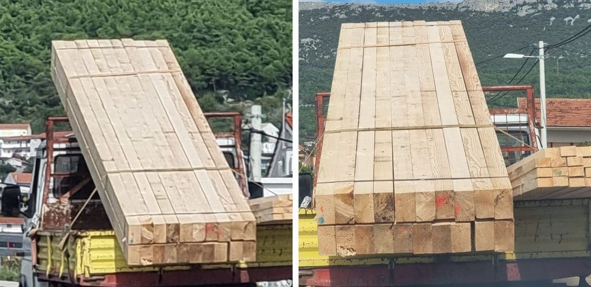 "NETKO MOŽE PLATITI GLAVOM" Preko ležećih policajaca prevozi građevinske grede privezane sa samo dva konopa