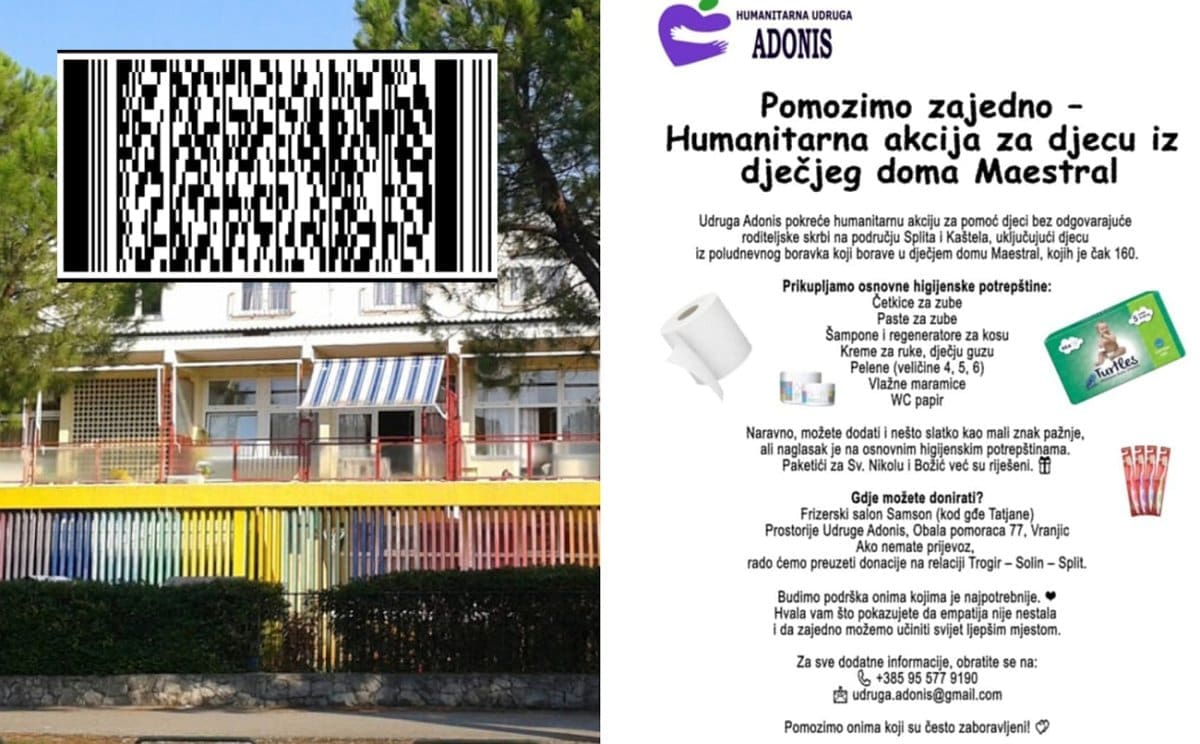 Humanitarna akcija za djecu doma Maestral: Možete donirati skenom QR-koda, evo gdje možete ostaviti osnovne higijenske potrepštine