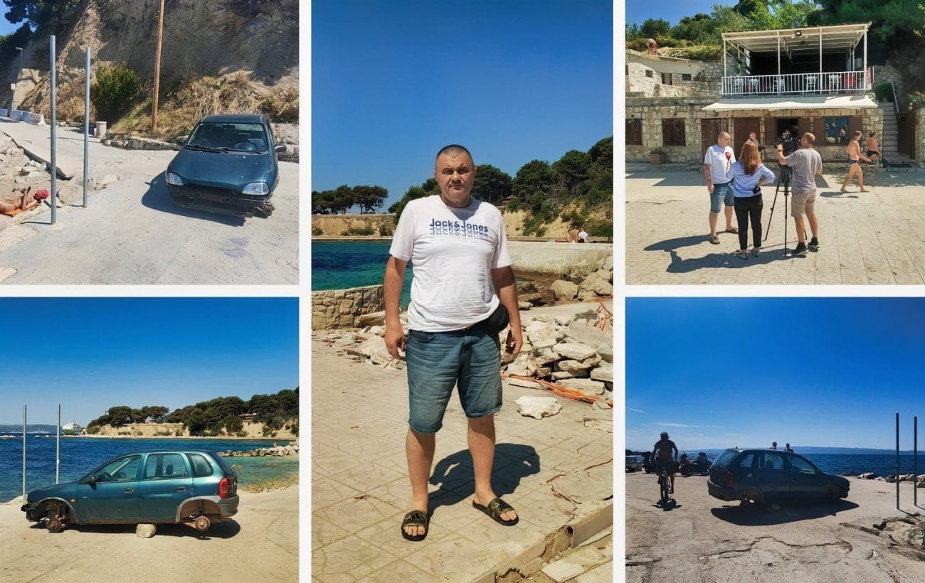 FOTOGALERIJA Automobilska olupina na sredini popularne splitske plaže. Vlasnik nam tvrdi: "Vozilo je kupljeno tek jučer i pokvarilo se. Nije htjelo upaliti"