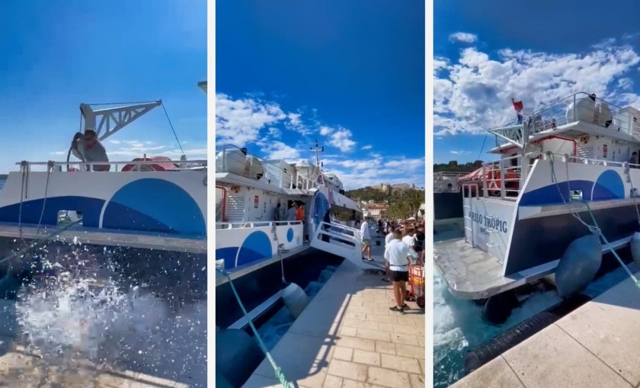 VIDEO Tramontana digla velike valove na otvorenom moru, pogledajte kako ljudi trče niz rampu katamarana