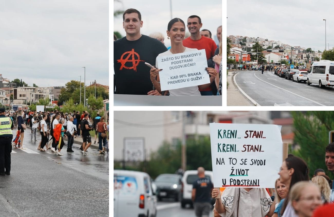 FOTO i VIDEO Građani iz Podstrane izašli na cestu i zaustavili promet. Vozači su im trubili u znak podrške: "Predugo čekamo u kolonama"