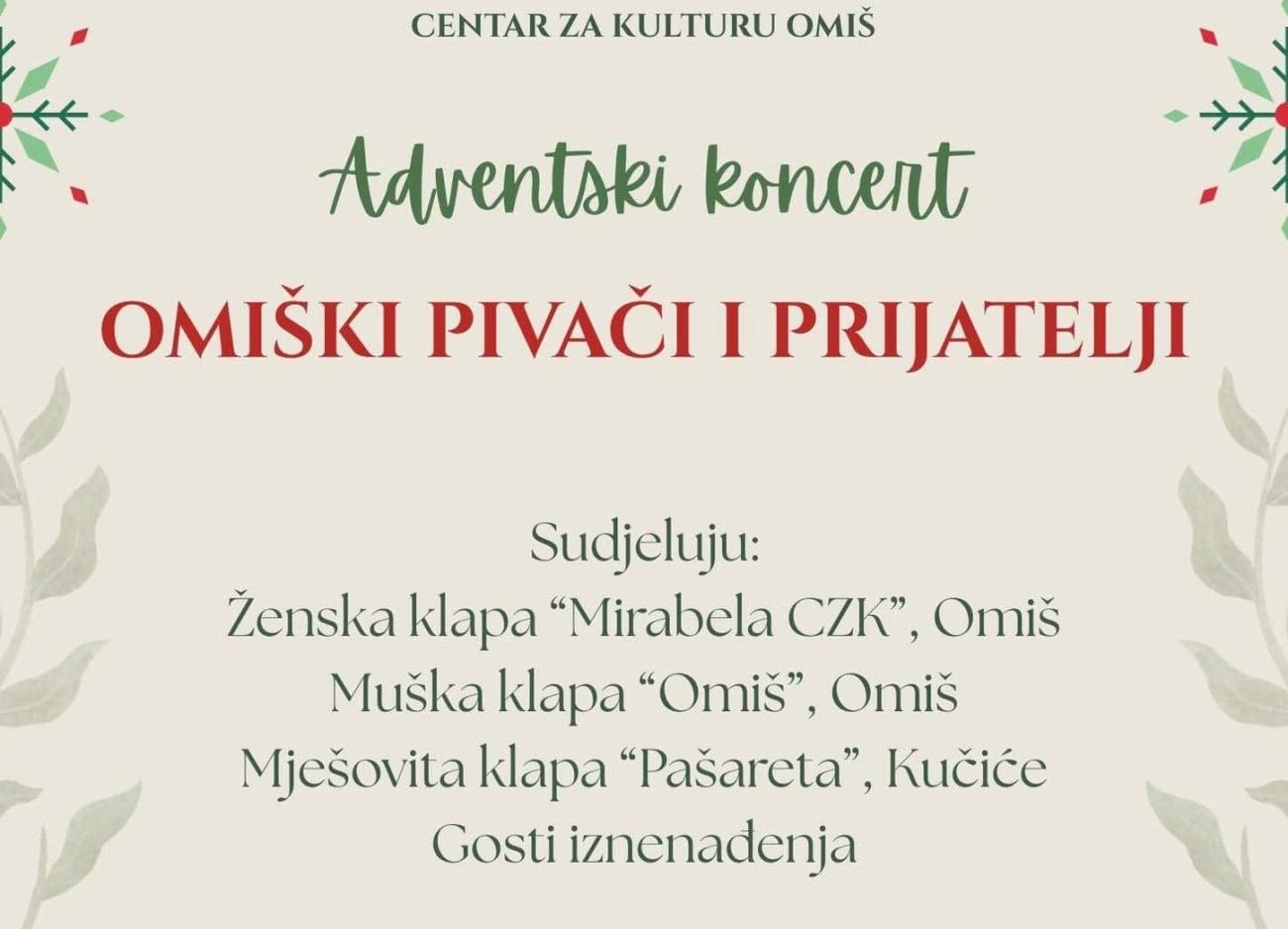 Adventski klapski koncert večeras u Omišu: Mirabela i Klapa Omiš s prijateljima u crkvi sv. Petra