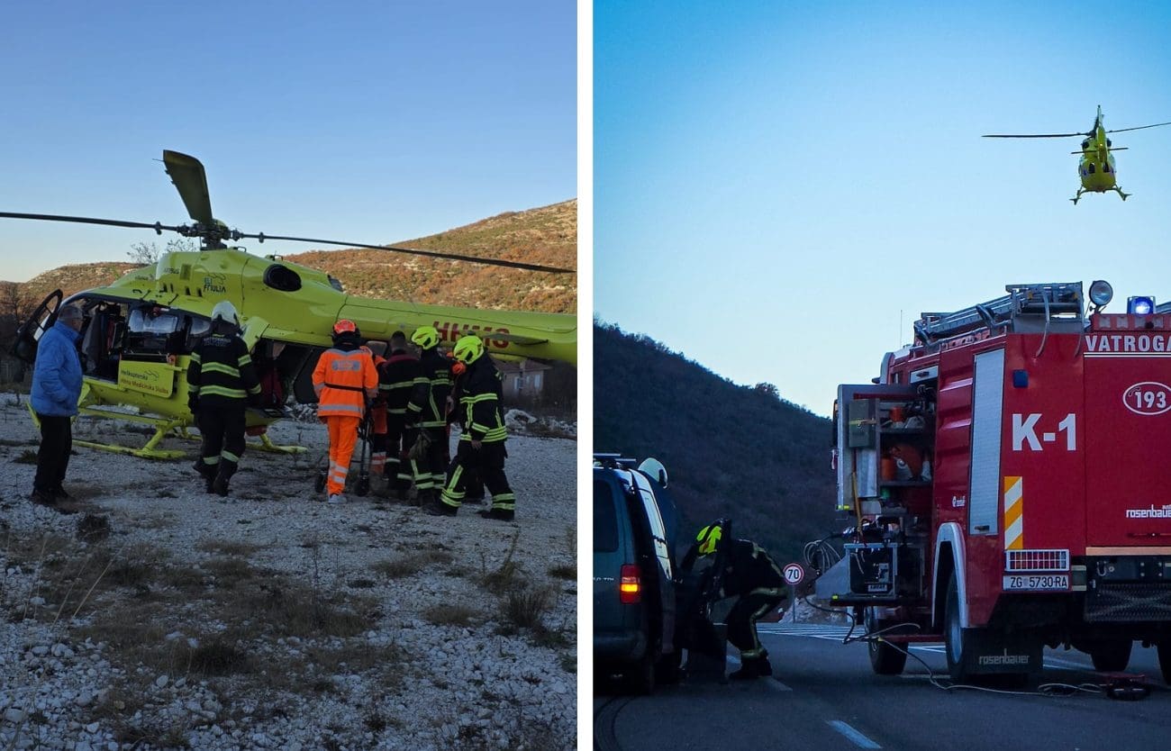 Teška prometna nesreća na ulazu u Lećevicu: Četiri ozlijeđena, jedna osoba helikopterom prevezena u bolnicu