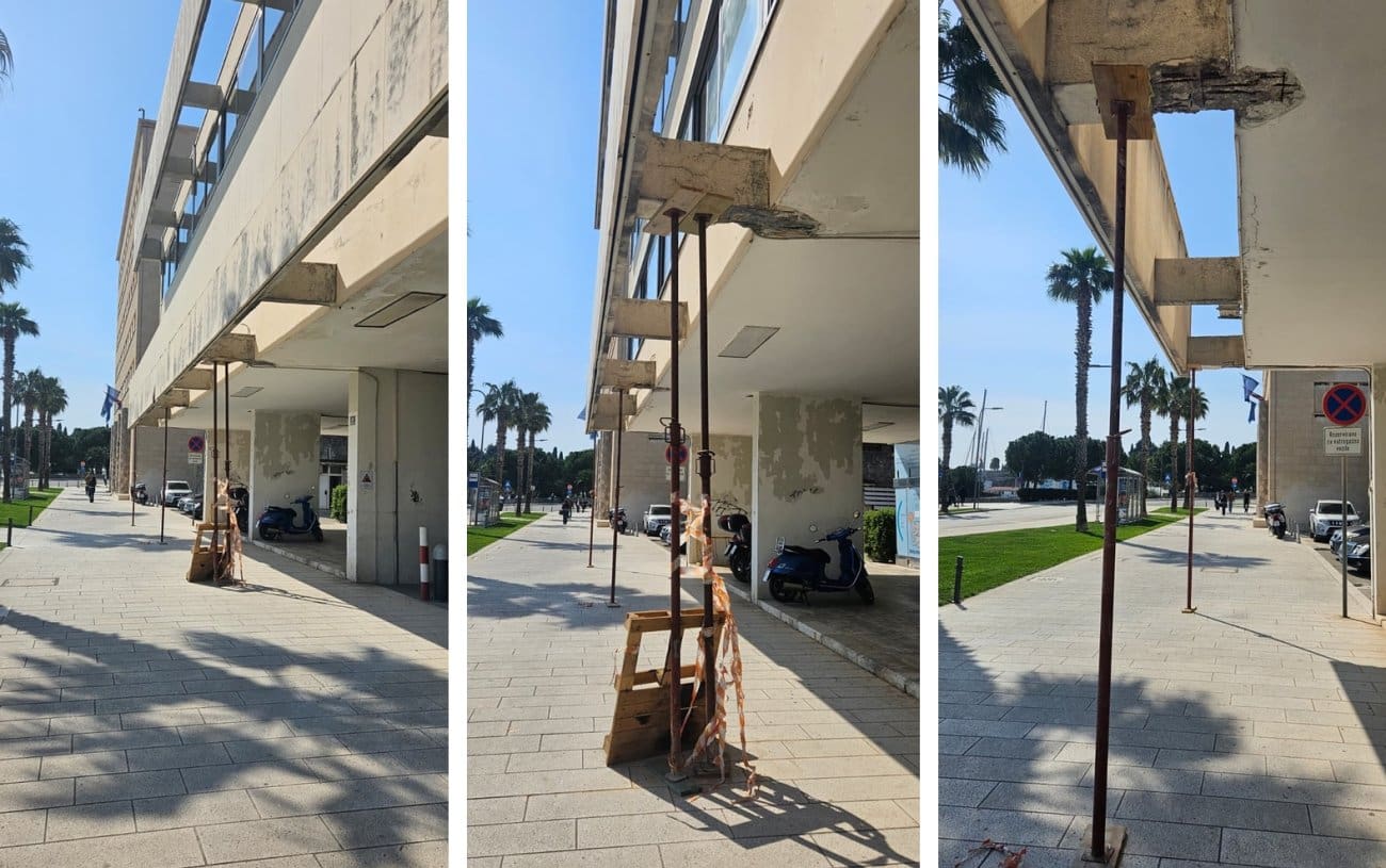 OPASNOST U CENTRU SPLITA Oštećeni dio zgrade ispred HZZO-a i Jadrolinije već mjesecima stoji poduprt: "Nekidan se bilo malo odronilo"