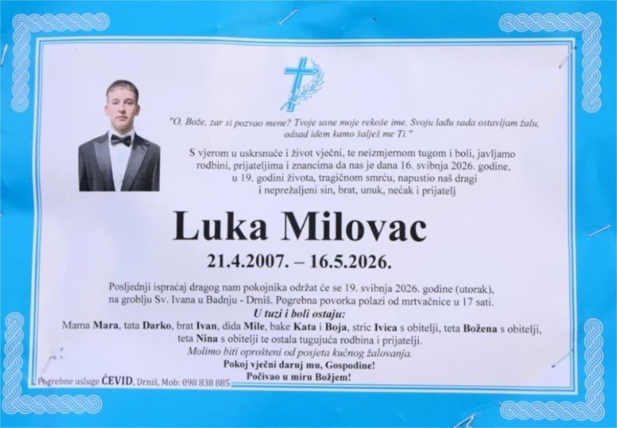 Oproštaj koji slama srca: Sutra pogreb mladića Luke M. u Badnju kod Drniša