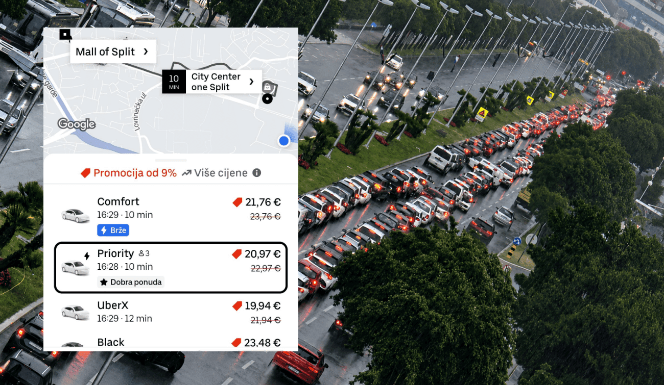U Splitu je prometni kaos: Pogledajte koliko košta Uber od Malla do Cityja